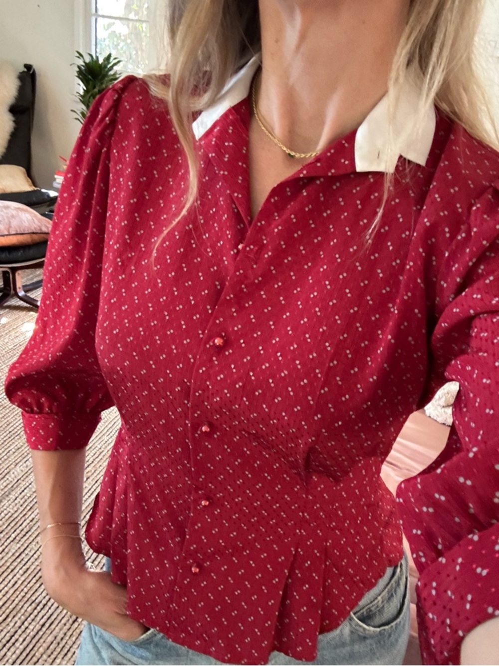 Vintage “French Girl” Red Collared Peplum Button-Up Top